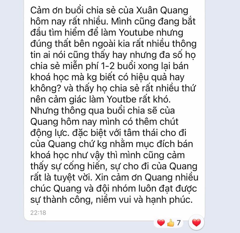 Học viên M. — Tin nhắn Zalo — 22:18 • 7 ❤
